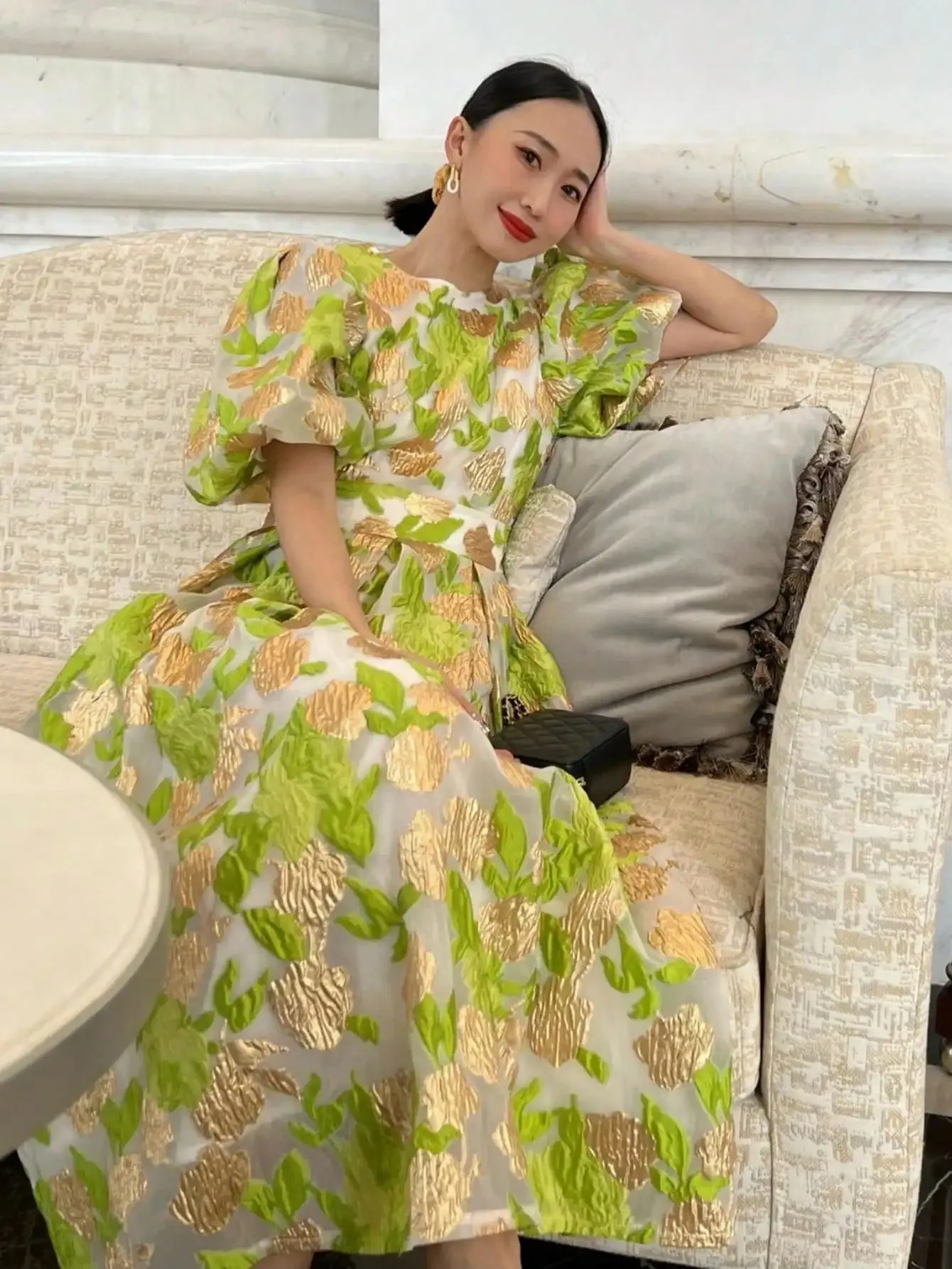 New Luxury Women's Puff Sleeve Organza Jacquard Princess Party Dress Long Elegant dresses for Prom Flower Party Dress Pretty