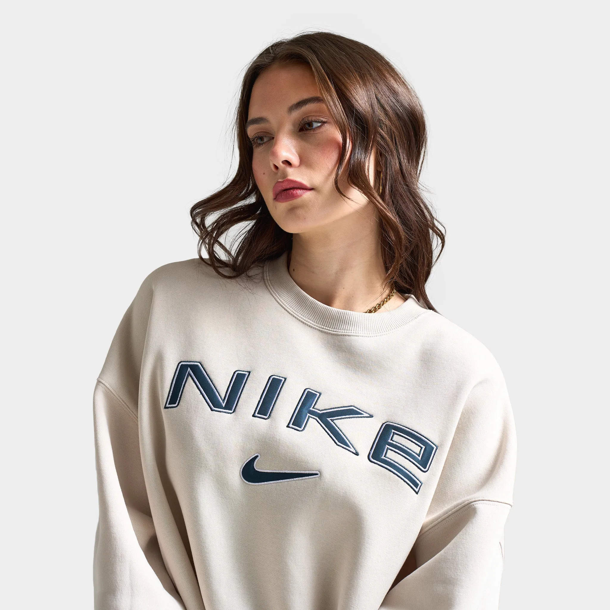 Nike Sportswear Women's Over-Oversized Logo Crewneck Light Orewood Brown / White - Armory Navy
