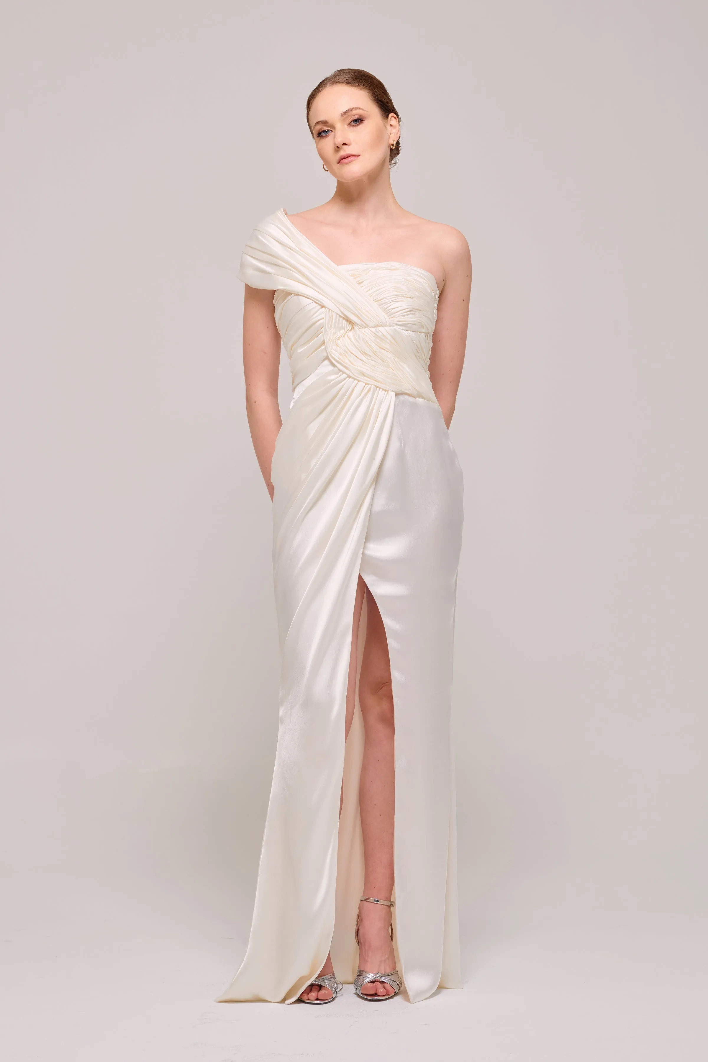 One Shoulder Draped Silk-Satin Gown