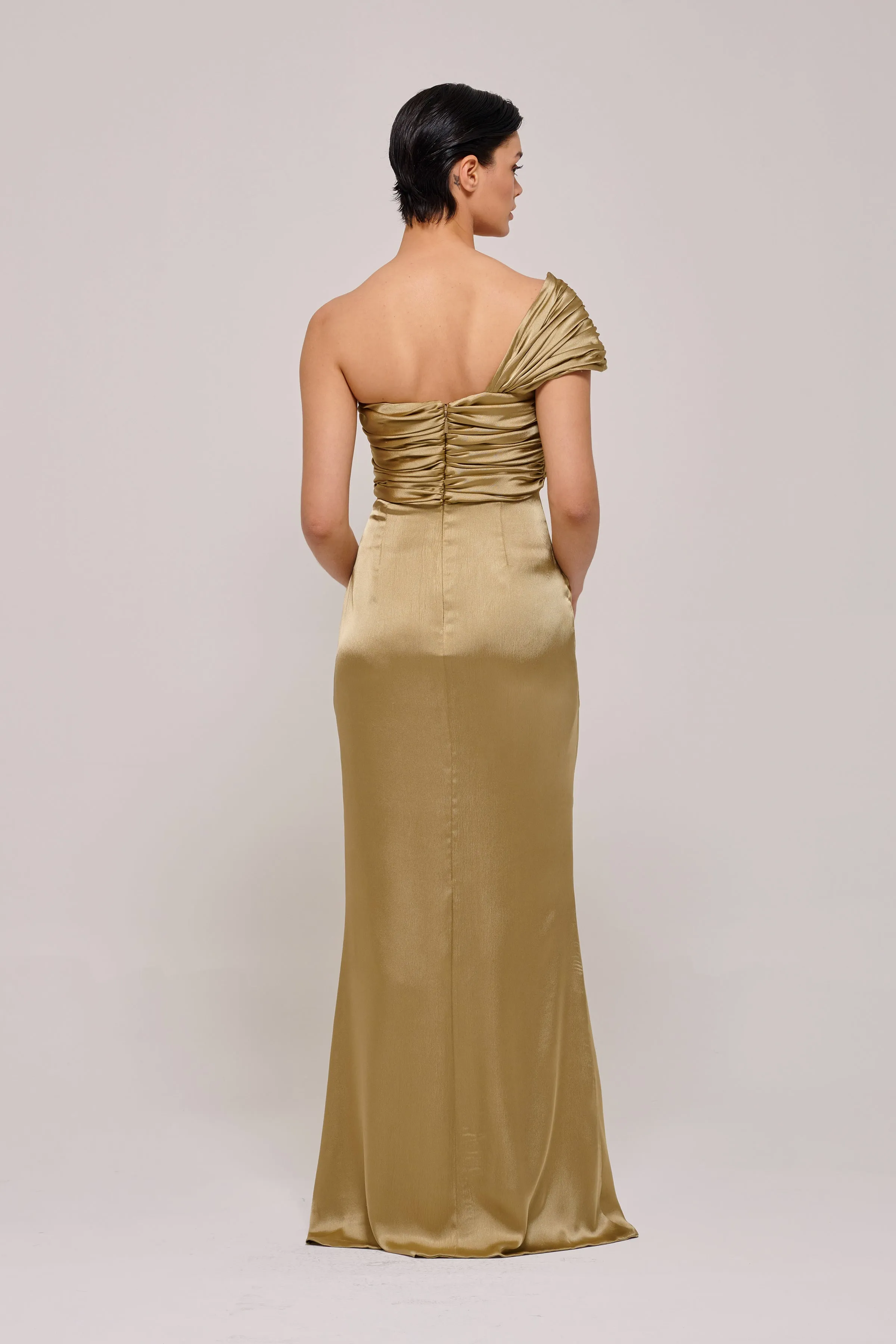 One Shoulder Draped Silk-Satin Gown