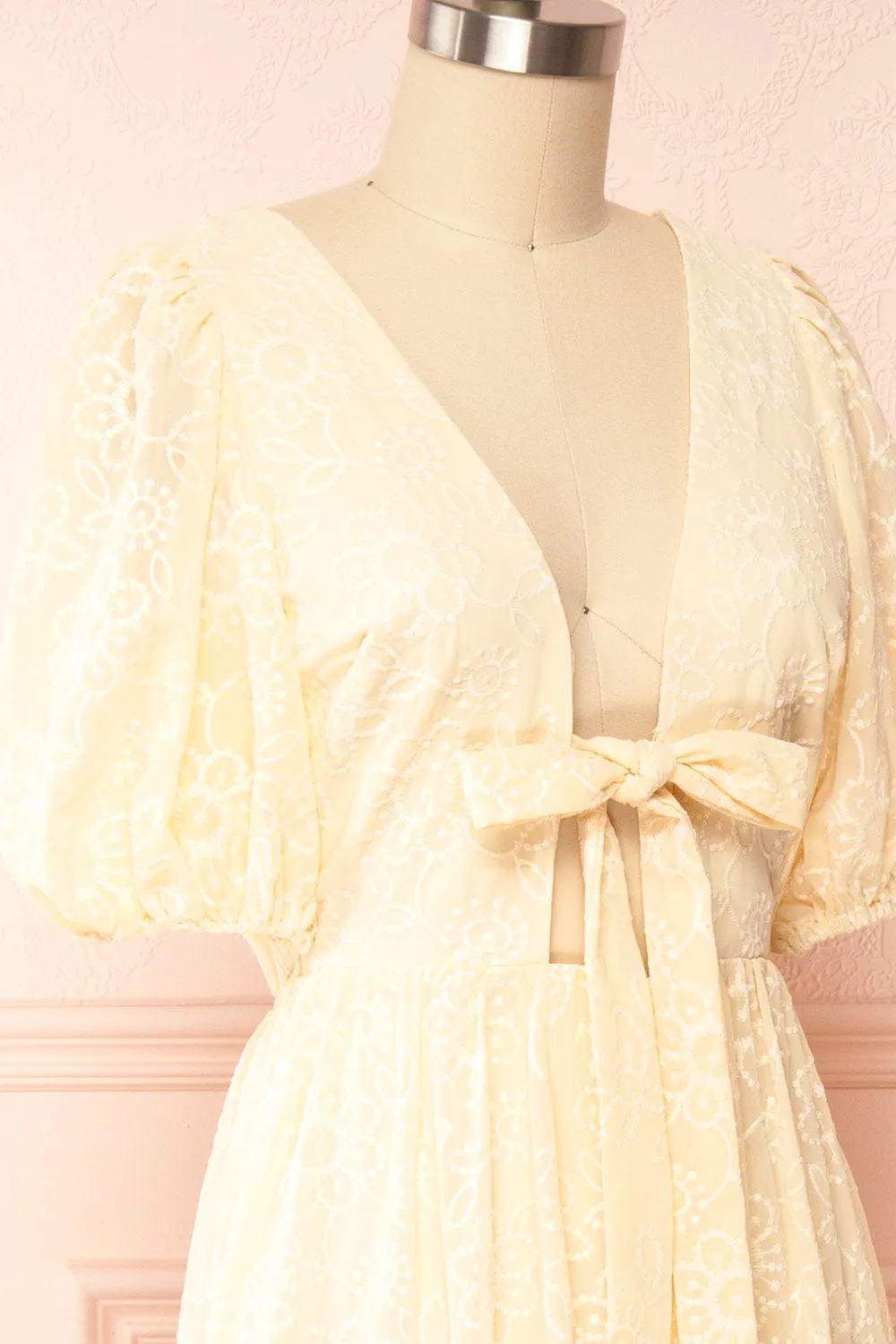 Pepita Beige | Chiffon Midi Dress w/ Floral Embroidery
