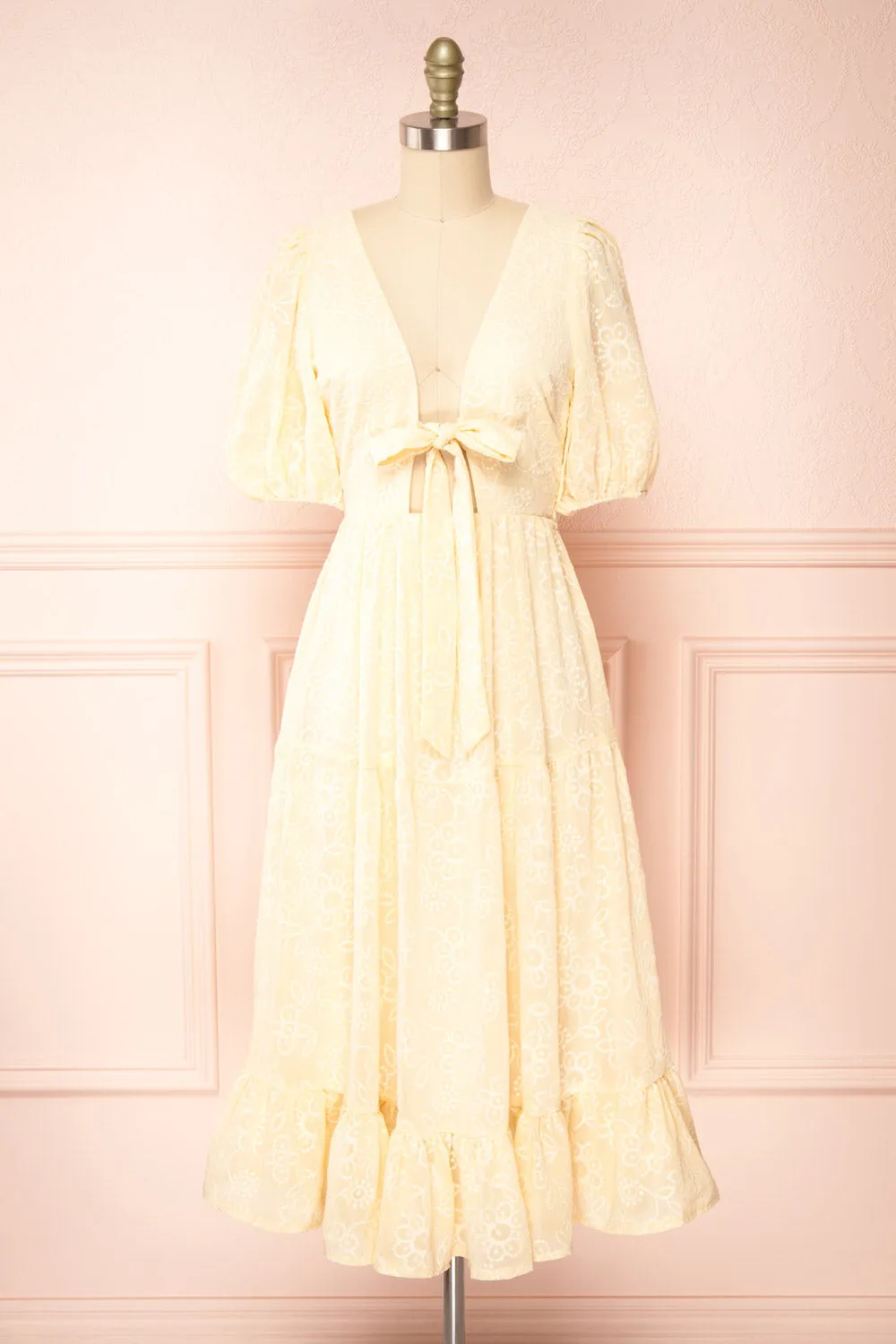 Pepita Beige | Chiffon Midi Dress w/ Floral Embroidery