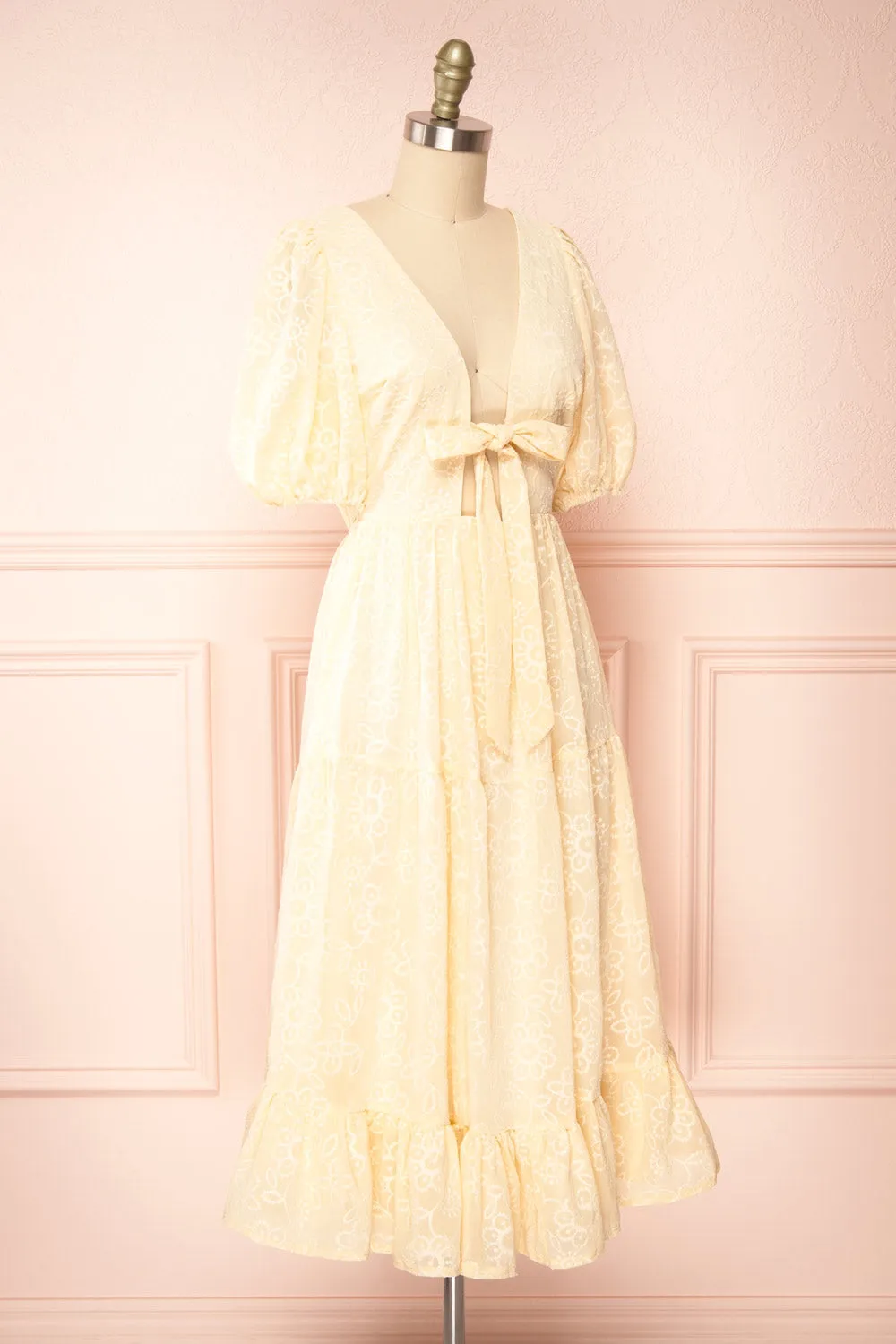 Pepita Beige | Chiffon Midi Dress w/ Floral Embroidery