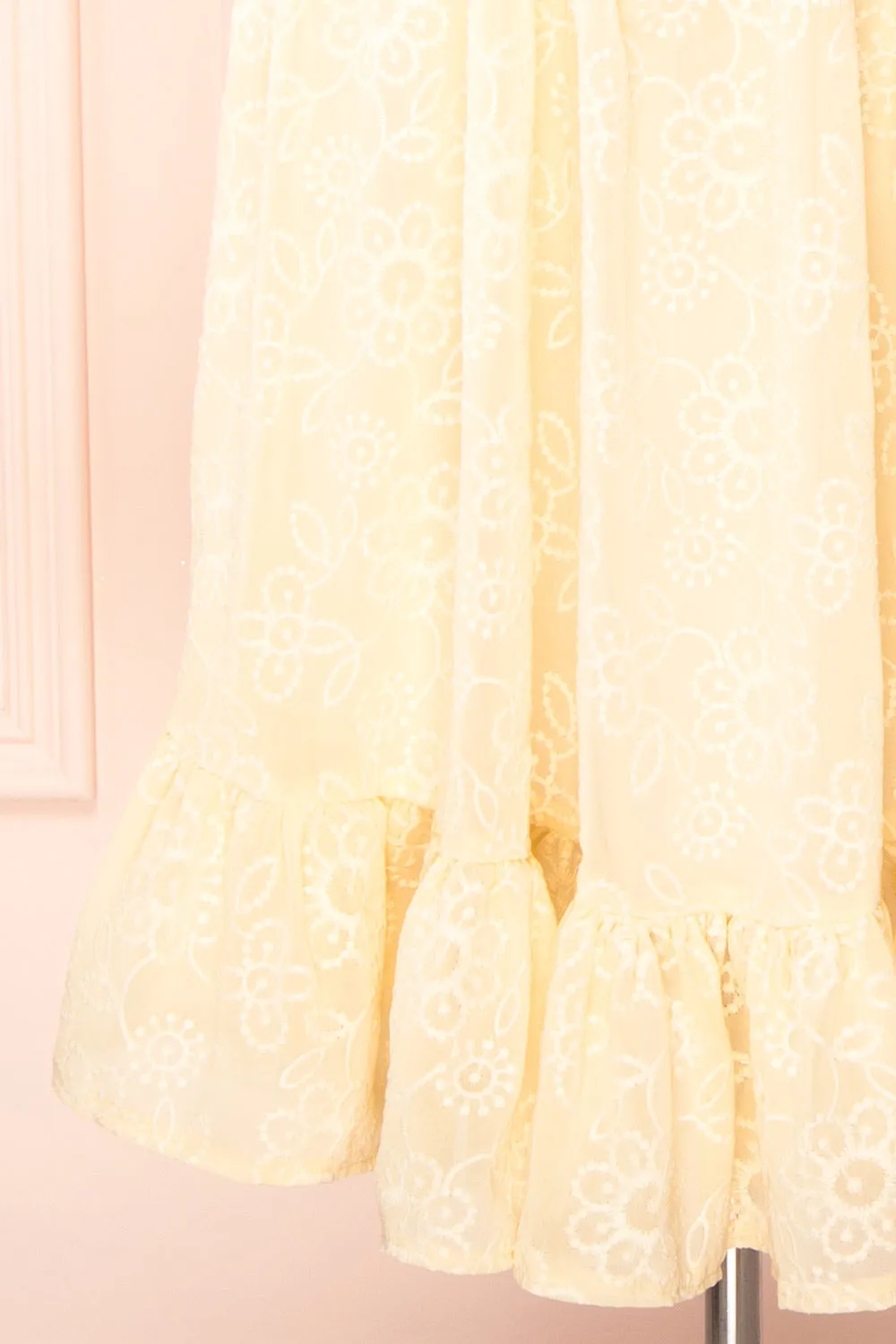 Pepita Beige | Chiffon Midi Dress w/ Floral Embroidery