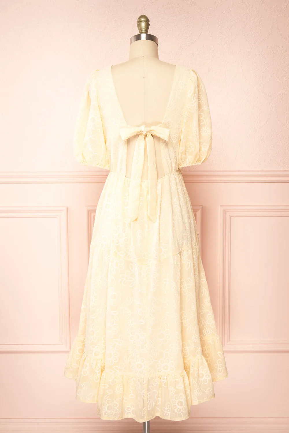 Pepita Beige | Chiffon Midi Dress w/ Floral Embroidery
