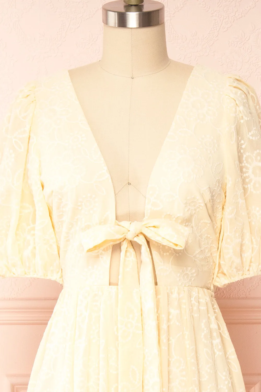 Pepita Beige | Chiffon Midi Dress w/ Floral Embroidery