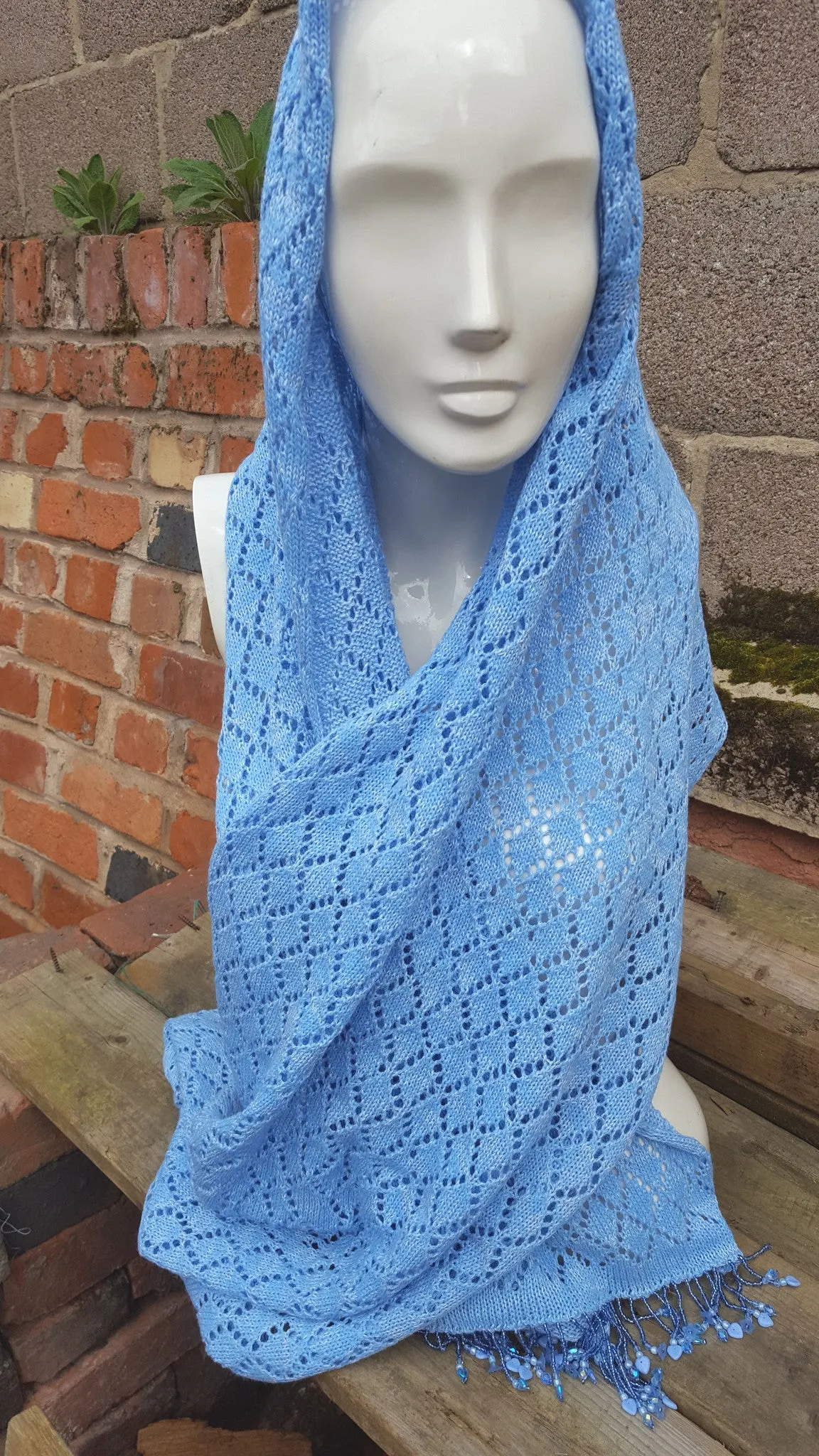 Powder Blue  cotton/Acrylic lace knit, beaded wrap pashmina, shawl