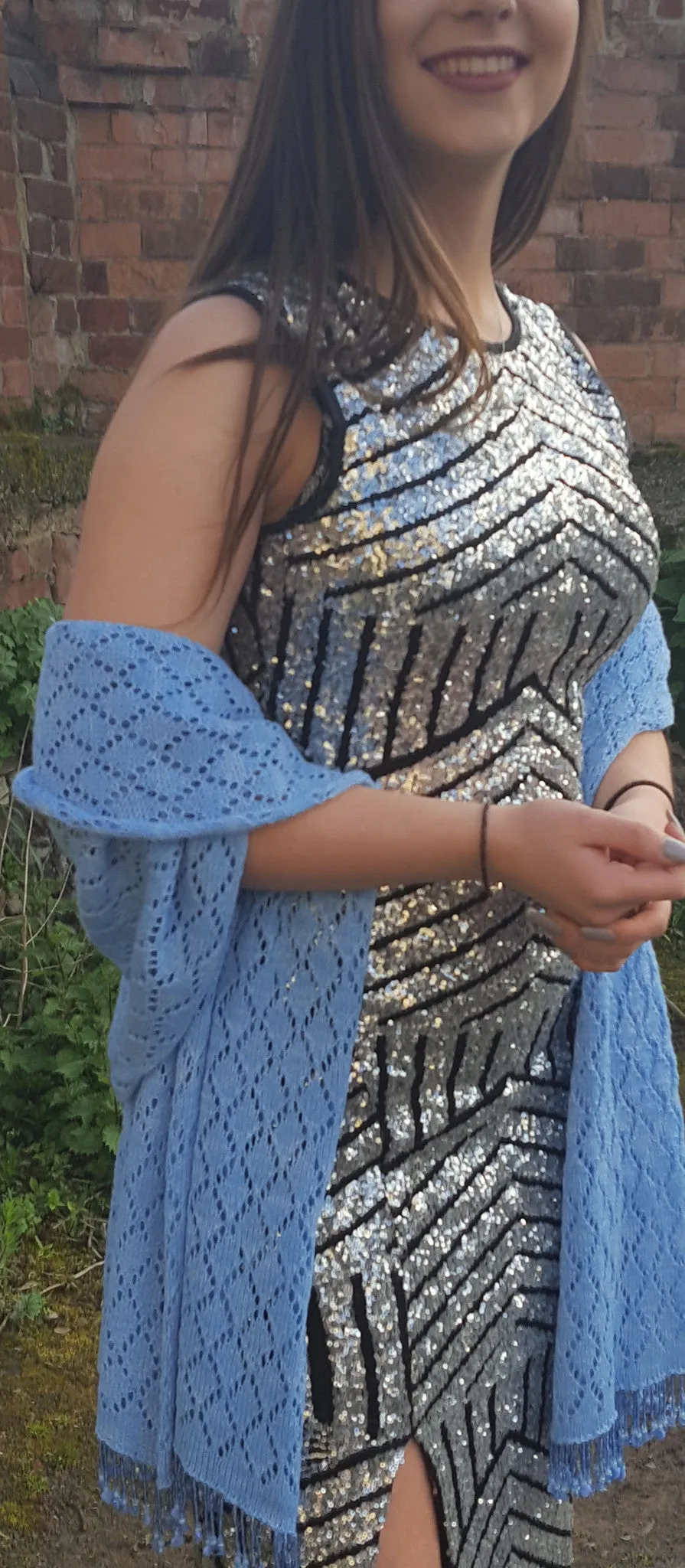 Powder Blue  cotton/Acrylic lace knit, beaded wrap pashmina, shawl