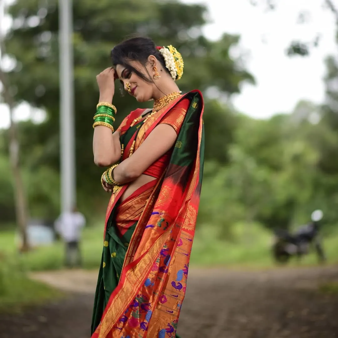 Prettiest Green Paithani Silk Saree With Ethnic Blouse Piece