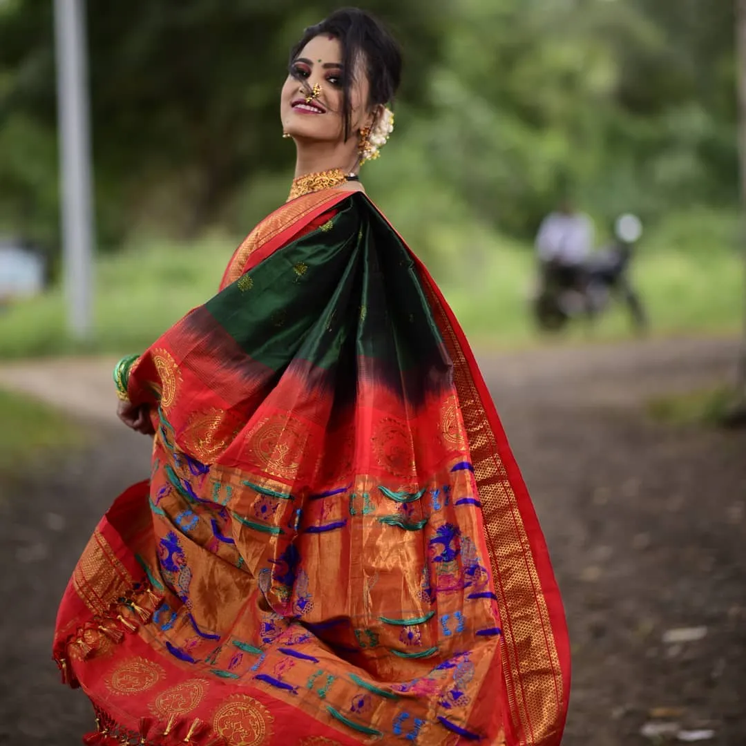 Prettiest Green Paithani Silk Saree With Ethnic Blouse Piece