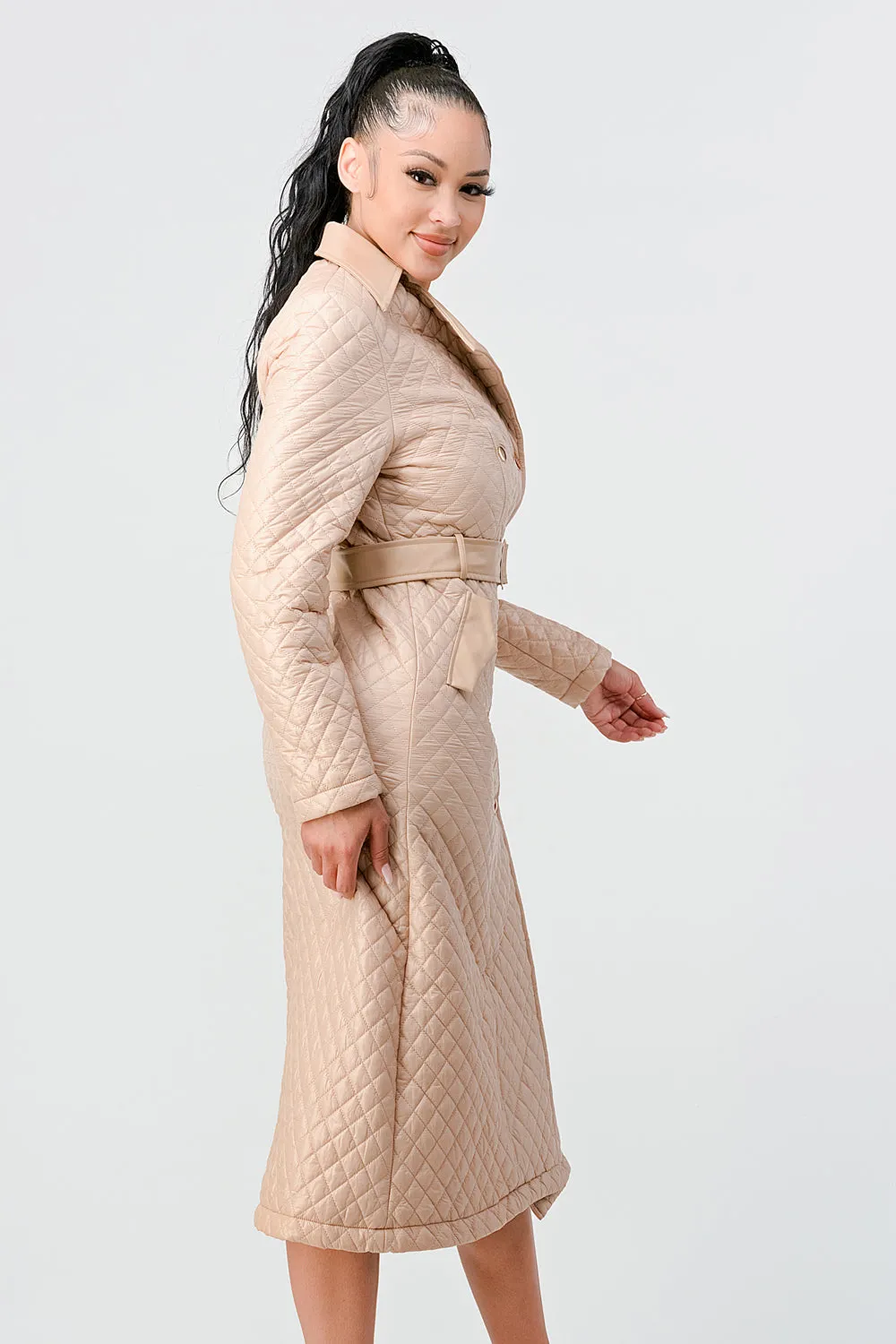 QUILTED WINDBREAKER WAIST BELTED LONG COAT