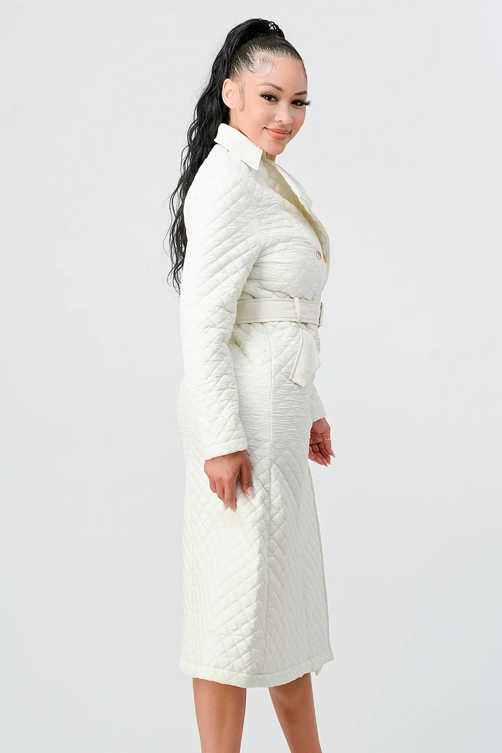 QUILTED WINDBREAKER WAIST BELTED LONG COAT