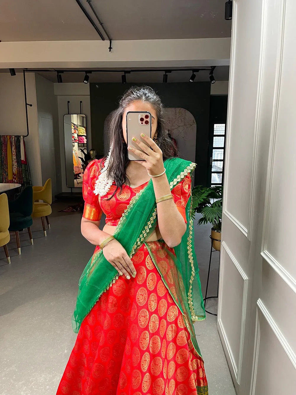 Red Color Jacquard Half Saree Set Lehenga Choli