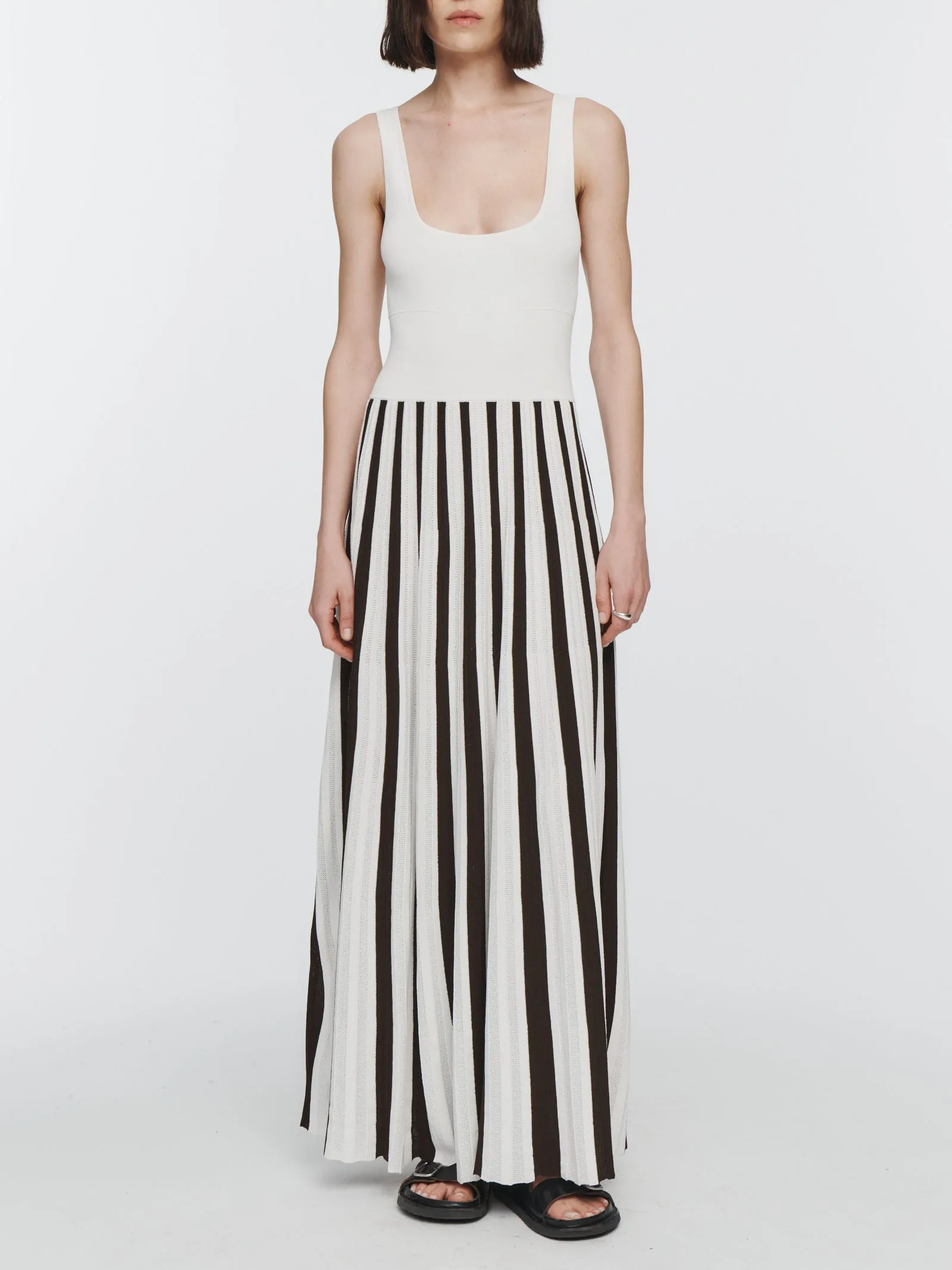Square Neck Mesh Dress in Ivory & Chocolate Stripe