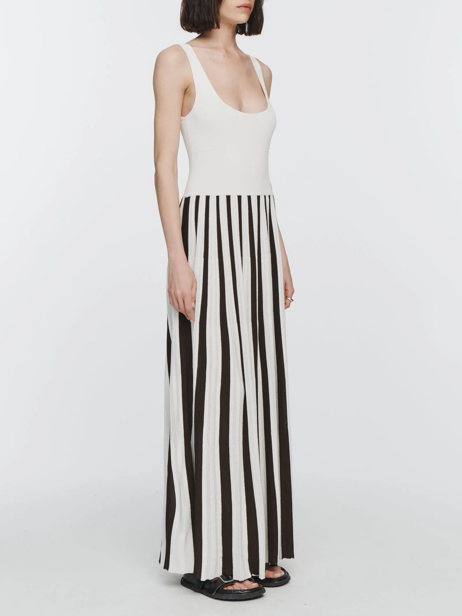 Square Neck Mesh Dress in Ivory & Chocolate Stripe
