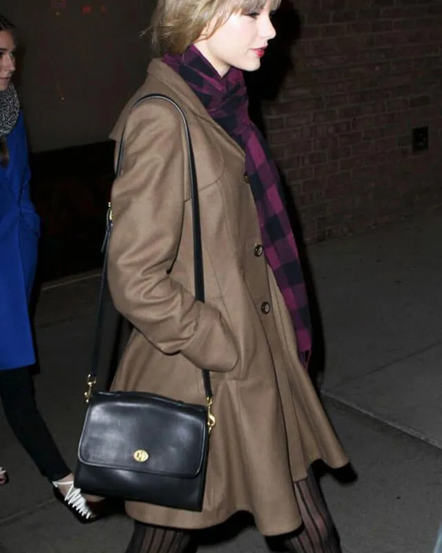 Taylor Swift Brown Frock Coat with Buttons and Black Handbag