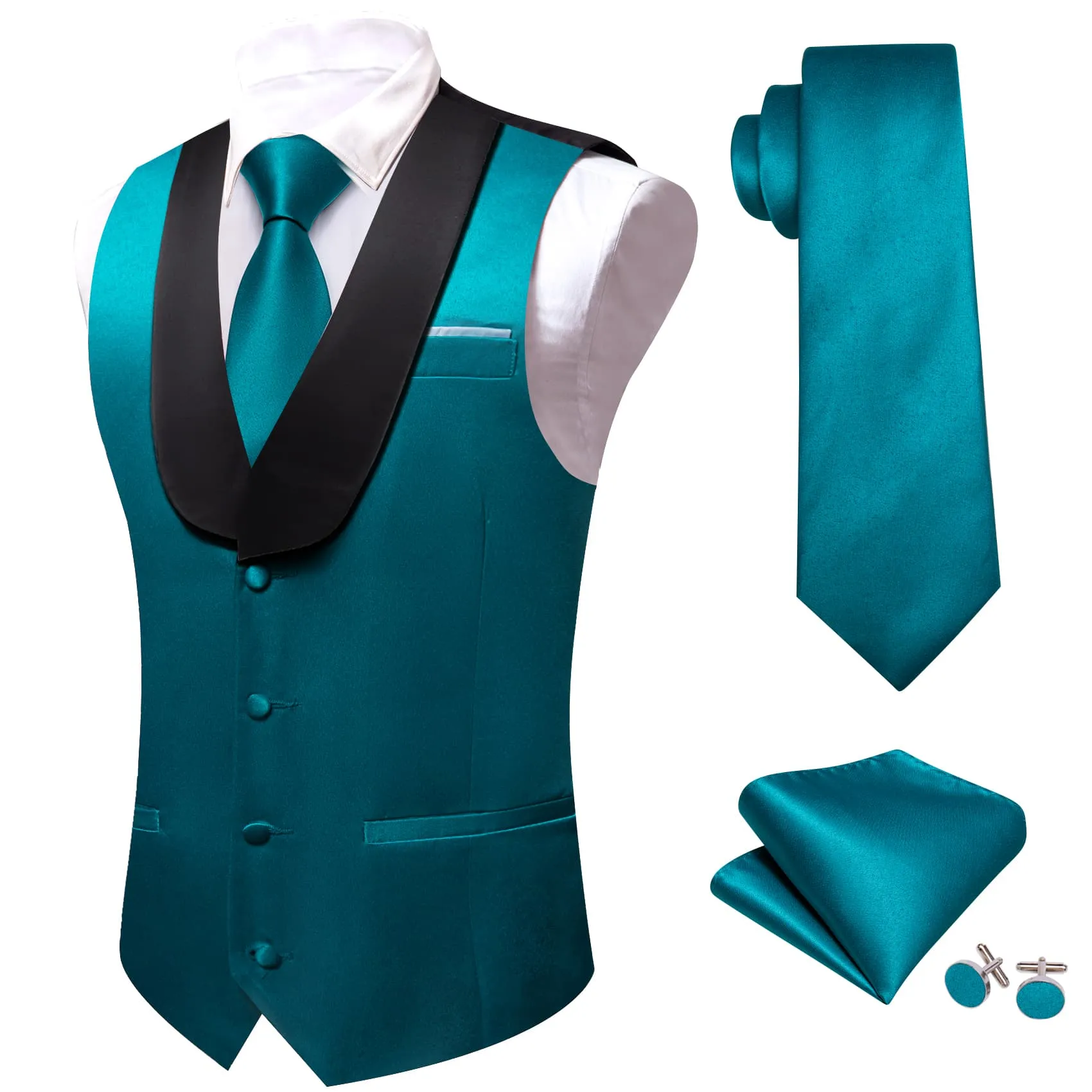 Ties2you Work Vest Deep Teal Blue Solid Shawl Collar Button Mens Vest Tie Set