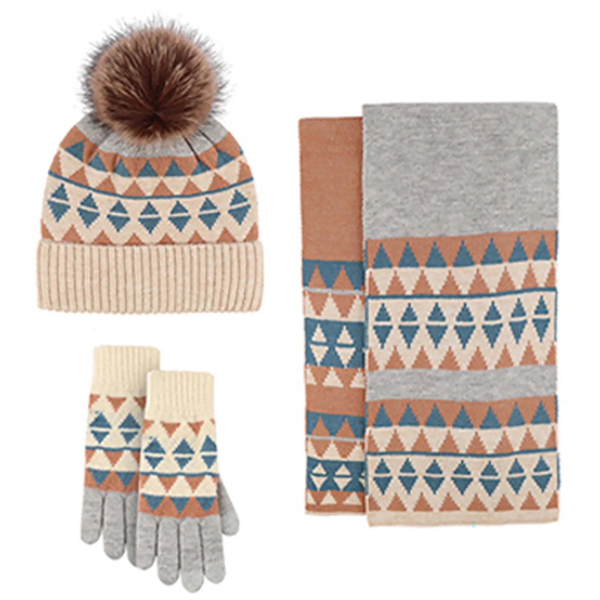 Unisex Winter Pom Pom Beanie Hat, Scarf and Glove Set