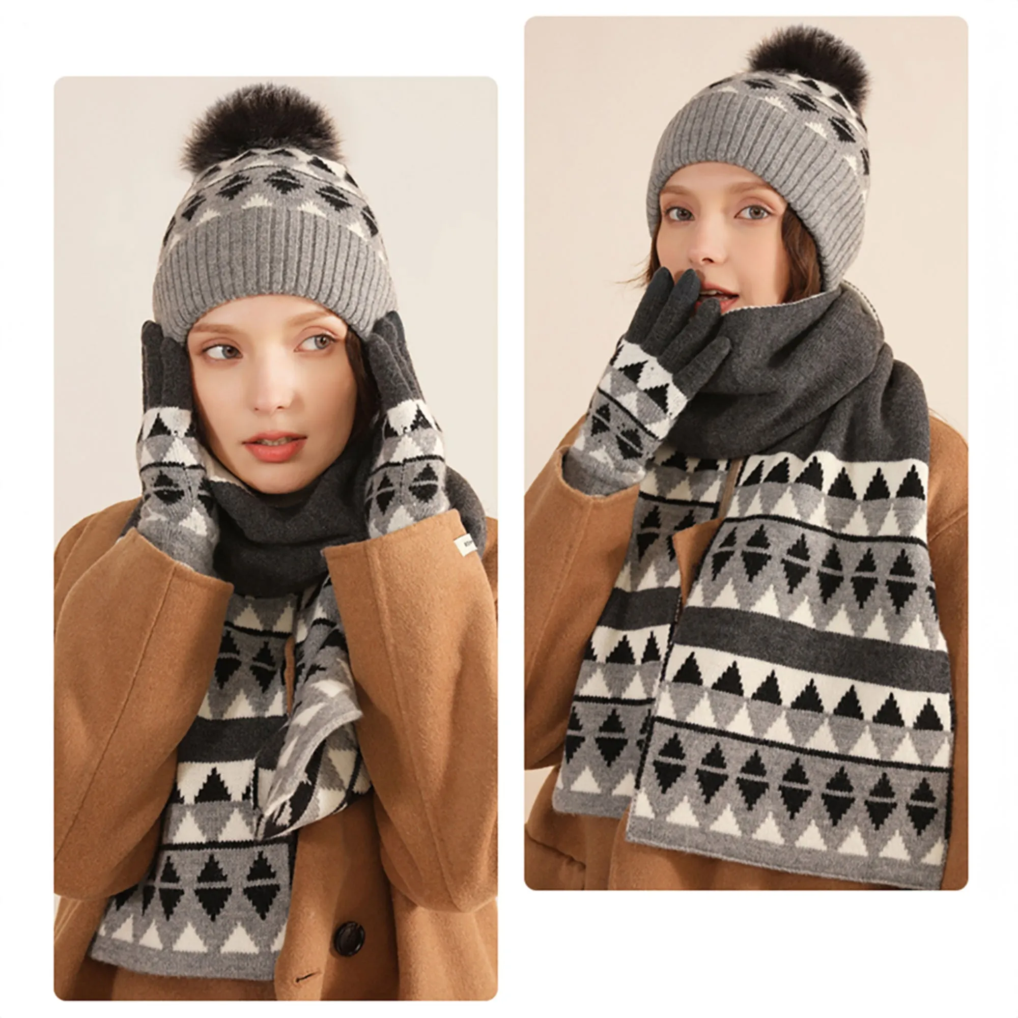 Unisex Winter Pom Pom Beanie Hat, Scarf and Glove Set
