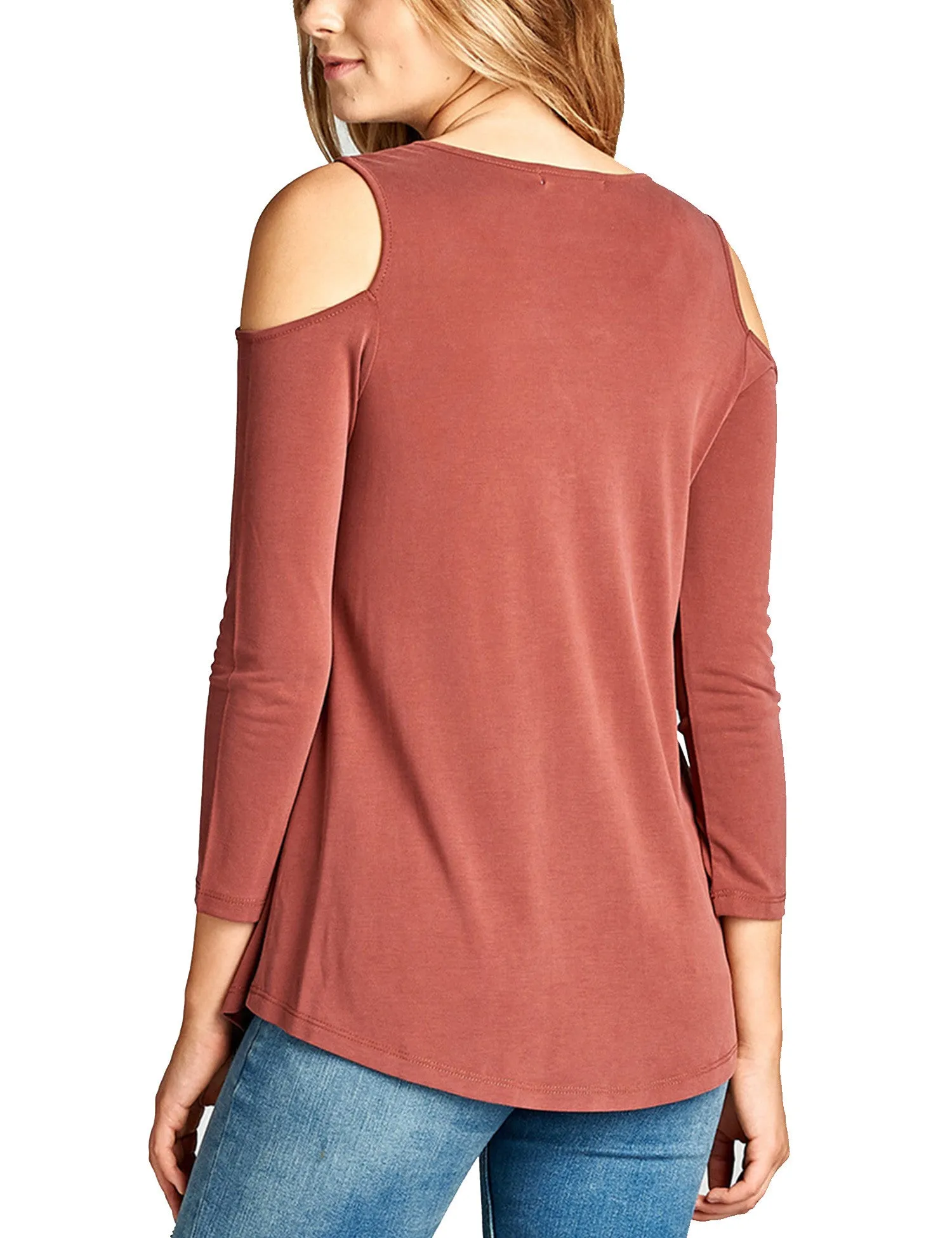 Womens 3/4 Sleeve Round Neck Open Shoulder Lace-Up Sandwashed Modal Jersey Top