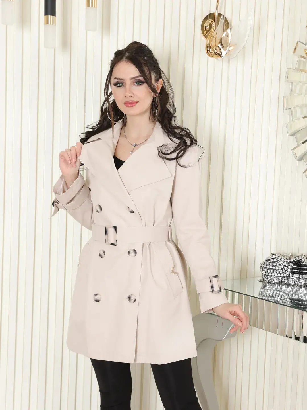 Women's Short Trench Coat with V Metal Detail - Beige - SCB-W12408