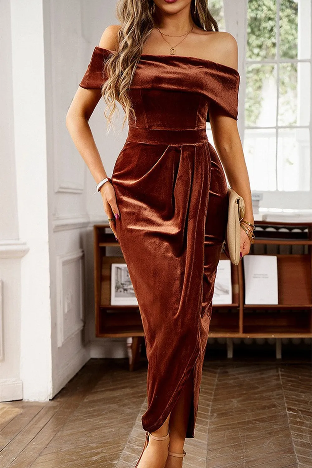 Women's Velvet Off Shoulder Pleated Wrap Evening Dress