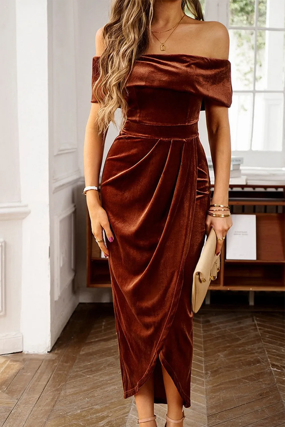 Women's Velvet Off Shoulder Pleated Wrap Evening Dress
